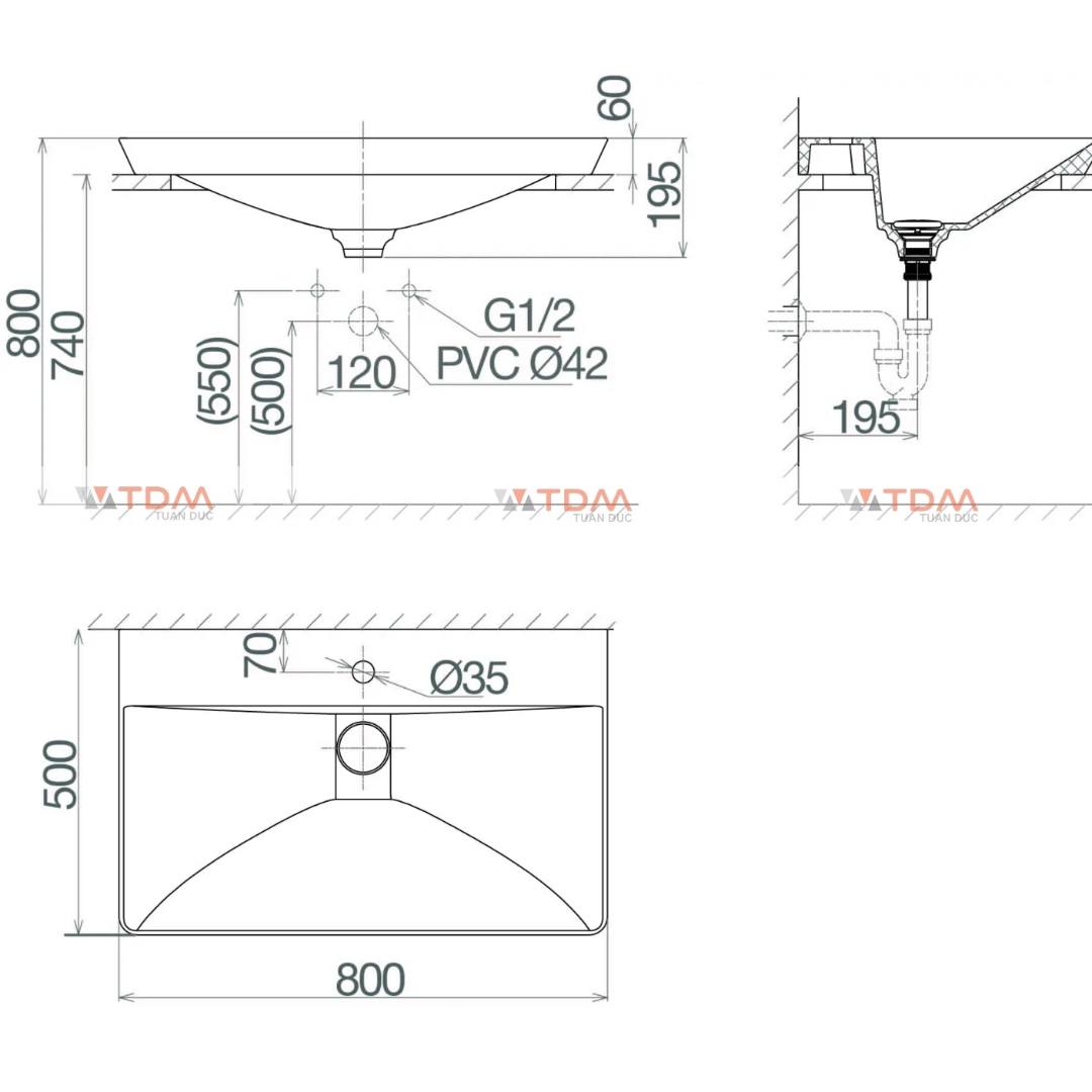 Bản vẽ kỹ thuật chậu rửa mặt CB 68