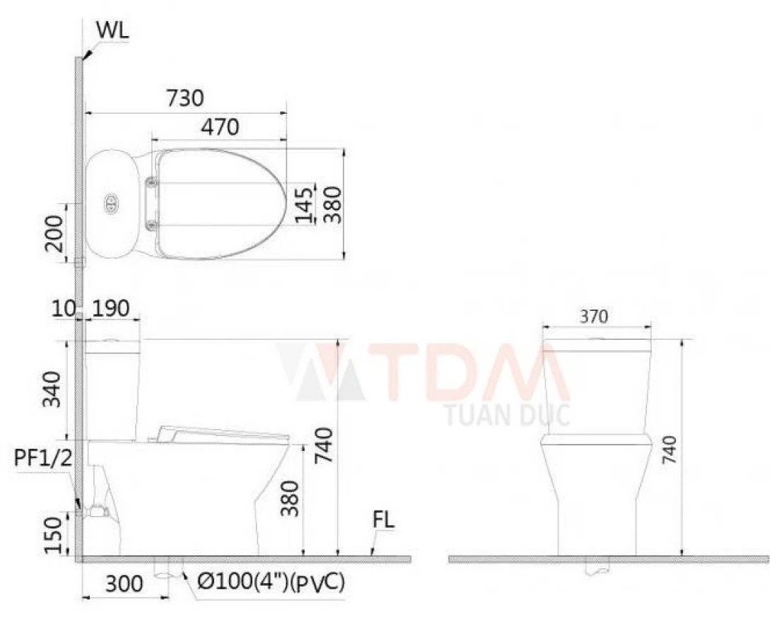 Bản vẽ kích thước bồn cầu nắp rửa điện tử Caesar CD 1320 TAF610H