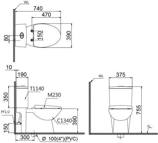 Bản vẽ bồn cầu Caesar CD1340 nắp rửa điện tử TAF400H