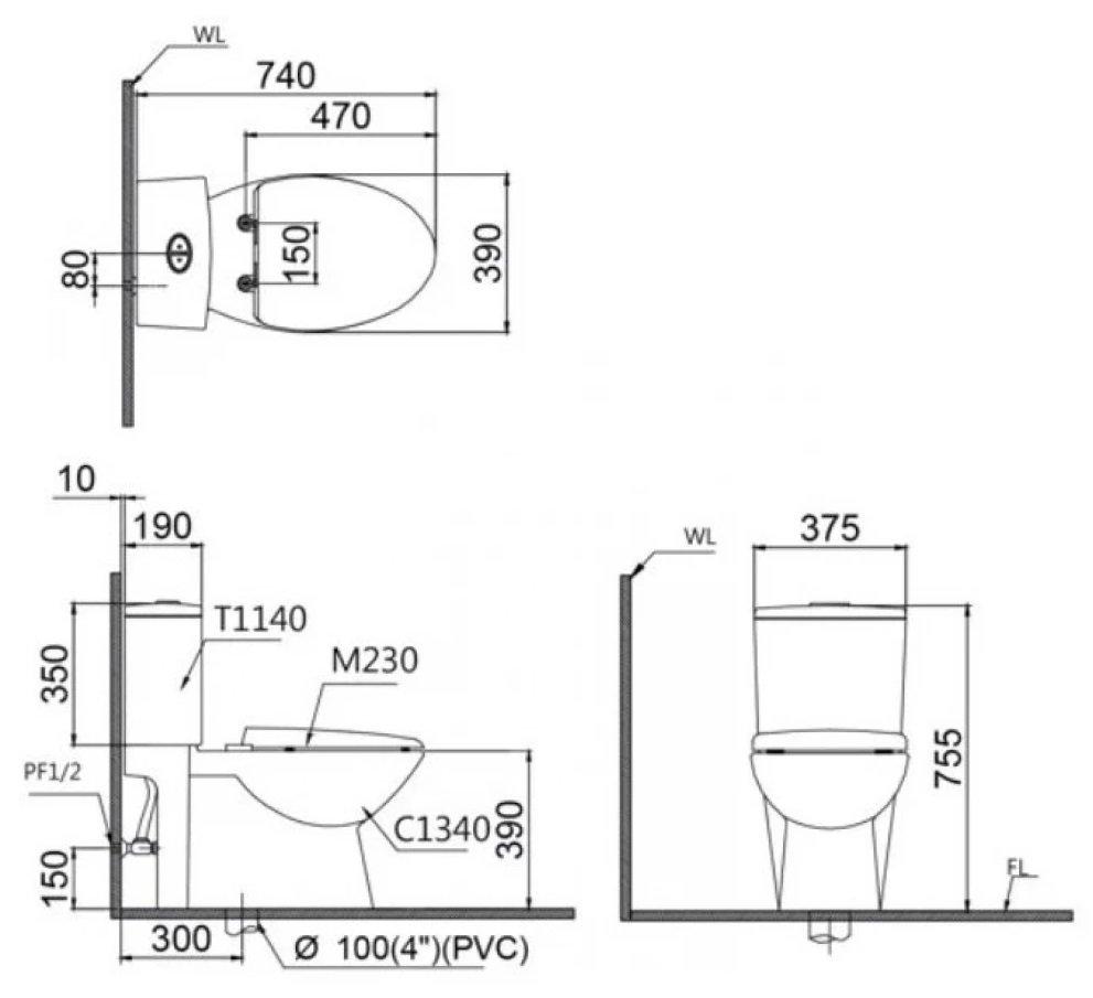 Bản vẽ kích thước bồn cầu nắp rửa điện tử Caesar CD 1340 TAF610H