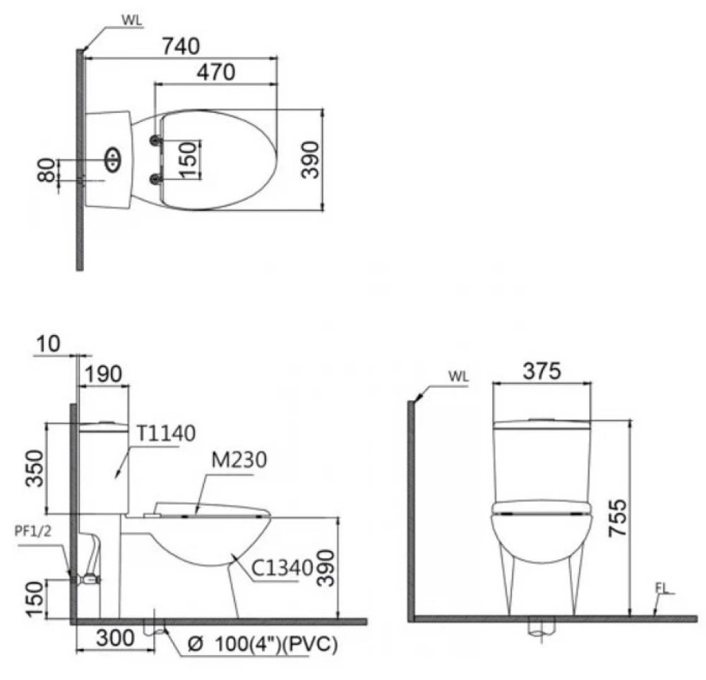 Bản vẽ kích thước bồn cầu thông minh CD1340-TAF512H Caesar