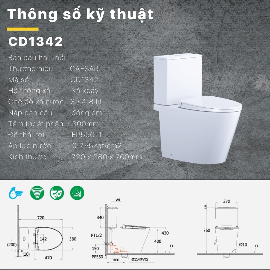 Bản vẽ kích thước bồn cầu 2 khối Caesar CD1342