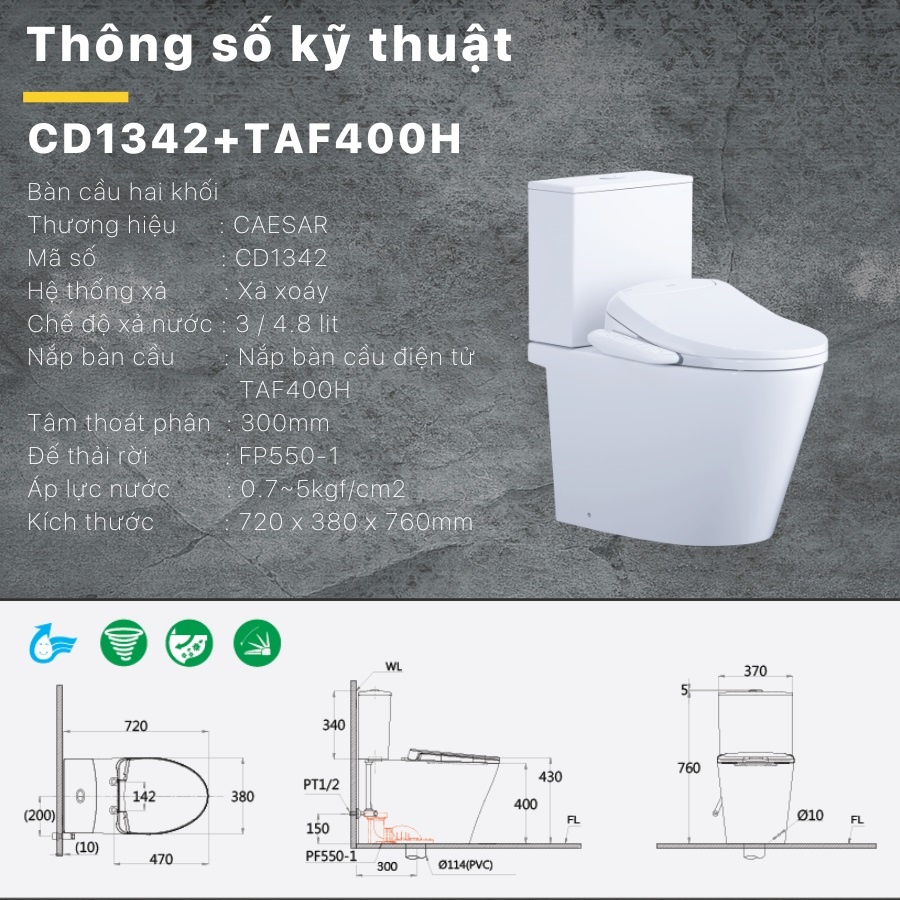 Bản vẽ kích thước bồn cầu CD1342 nắp rửa TAF400H