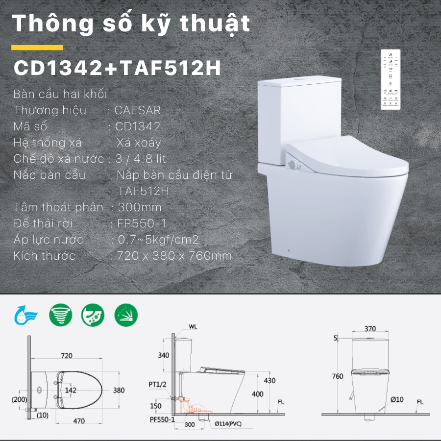 Bản vẽ kích thước bồn cầu CD1342 nắp rửa TAF512H