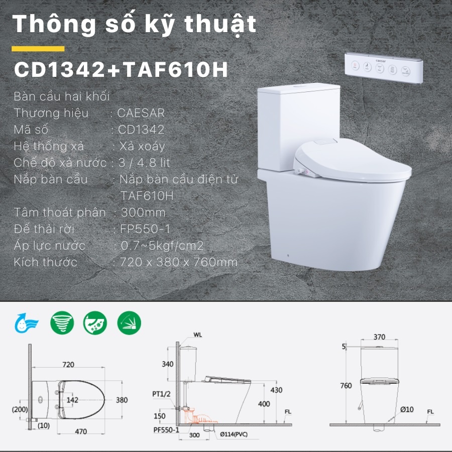 Bản vẽ kích thước bồn cầu CD1342 nắp rửa TAF610H