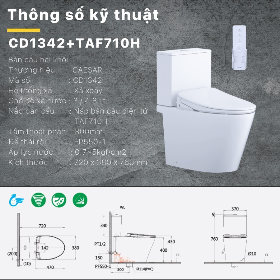 Bản vẽ kích thước bồn cầu CD1342 nắp rửa TAF710H