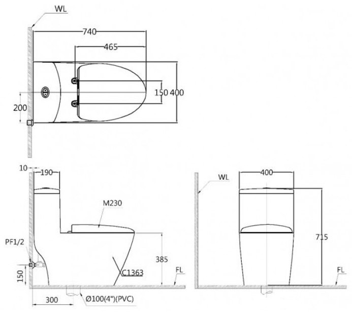 Bản vẽ kích thước bồn cầu Caesar CD1363 + TAF060