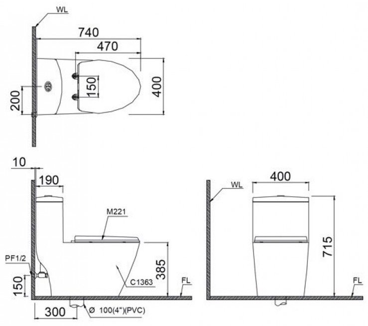 Bản vẽ kích thước bồn cầu CD1363 nắp rửa TAF400H