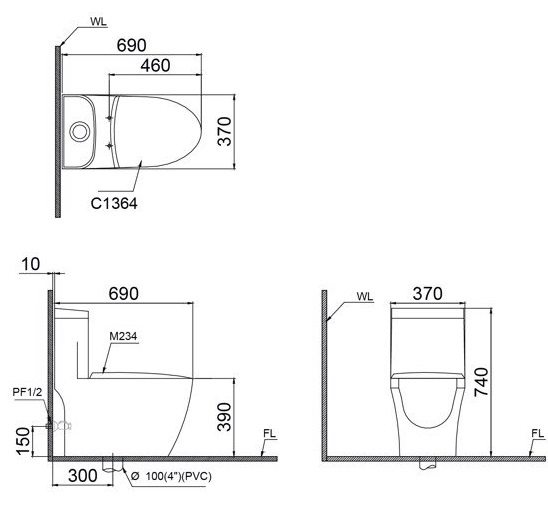Bản vẽ kích thước bồn cầu CD1364 + nắp TAF400H