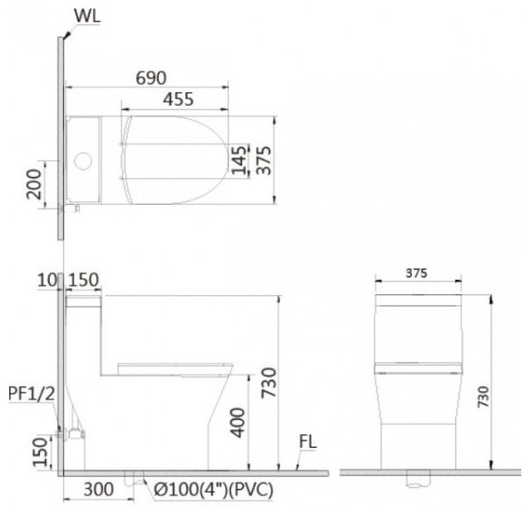 Bản vẽ kích thước bồn cầu C1374 nắp rửa TAF400H