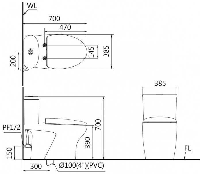 Bản vẽ kích thước bồn cầu C1394 + TAF060 