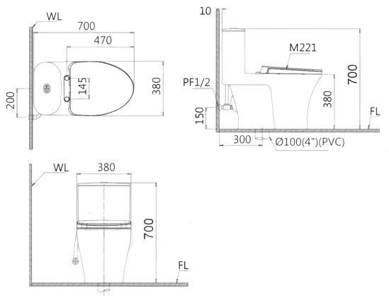 Bản vẽ bồn cầu Caesar C1395 1 khối