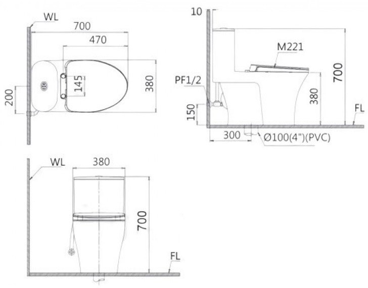 Bản vẽ kích thước bàn cầu Caesar CD1395+TAF060 