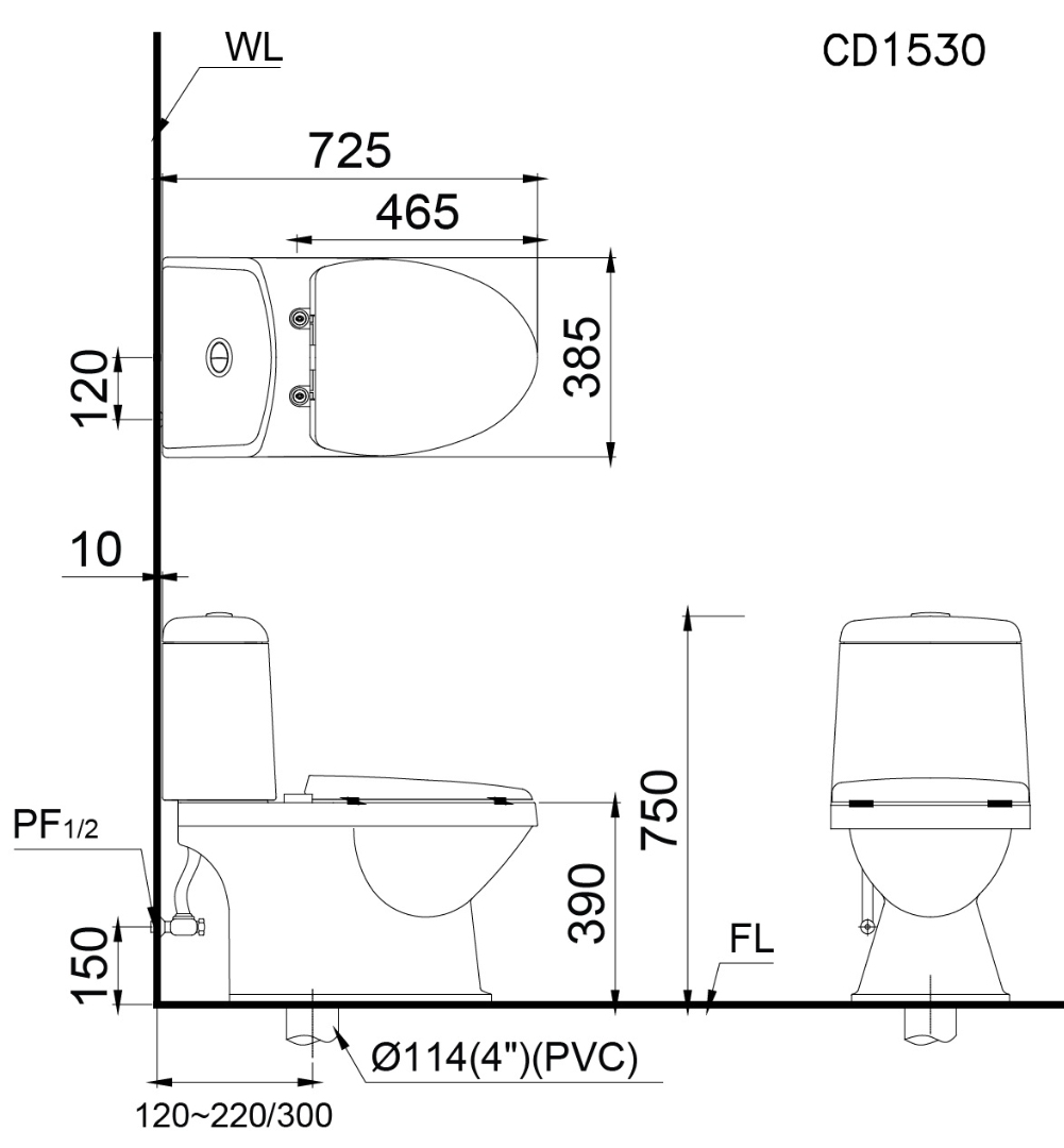 Bản vẽ kích thước bồn cầu C1530 nắp rửa TAF400H