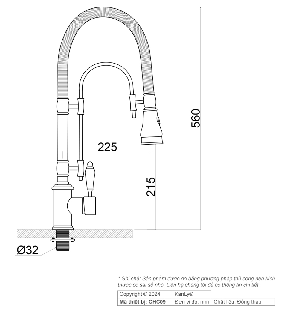 Bản vẽ kích thước vòi rửa chén Kanly CHC09