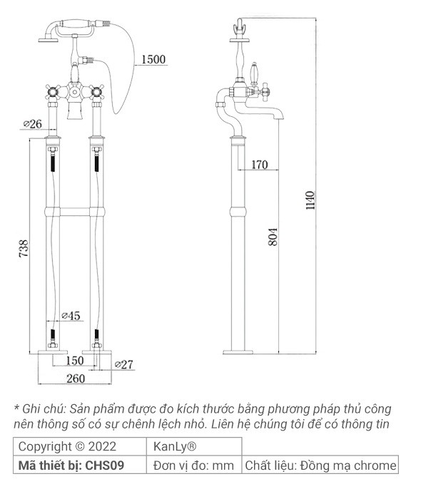Bản vẽ kích thước vòi nước Kanly CHS09 đồng thau cổ điển