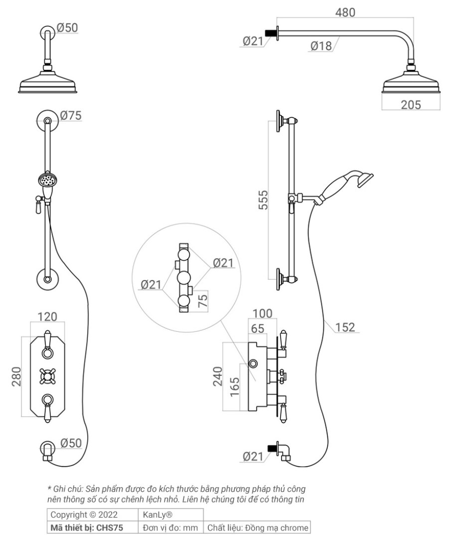 Bản vẽ kỹ thuật sen tắm âm tường CHS75