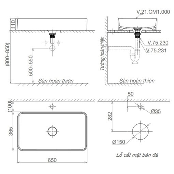 Bản vẽ kích thước lavabo đặt bàn Viglacera CM01