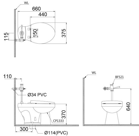 Bản vẽ bệ bệt vệ sinh Caesar CP1333+BF521