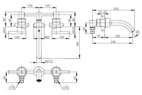 Bản vẽ kích thước vòi chậu rửa mặt Cotto CPF203A-GR2