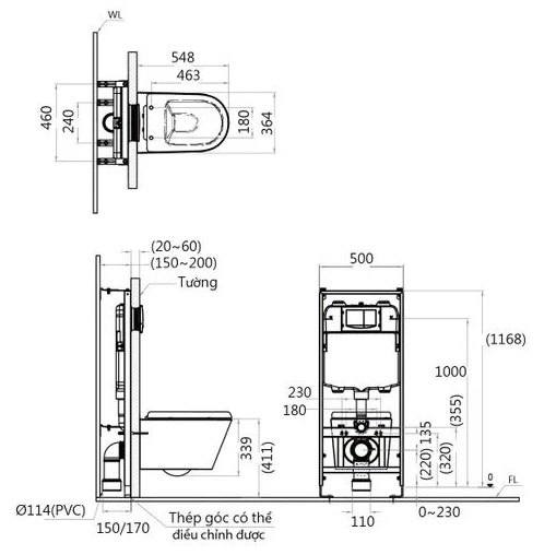 Bản vẽ kích thước bồn cầu thông minh Caesar CPT1505
