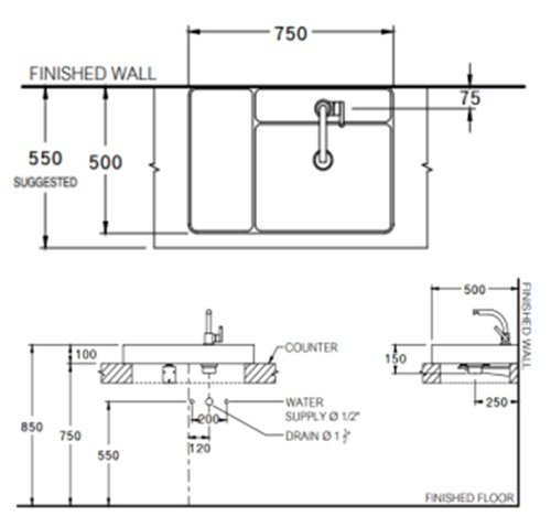 Bản vẽ kích thước lavabo rửa mặt cpw 0500 mdg cotto