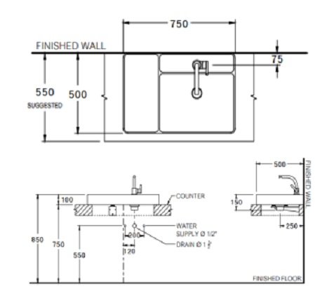 Bản vẽ kích thước lavabo đặt bàn cotto CPW 0500 MTP