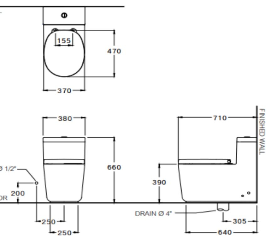 Bản vẽ kích thước bàn cầu Cotto Quil CPW10007 MWH BN2