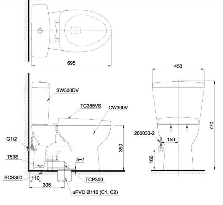 Bản vẽ kích thước xí bệt TOTO CS 300DT3Y1