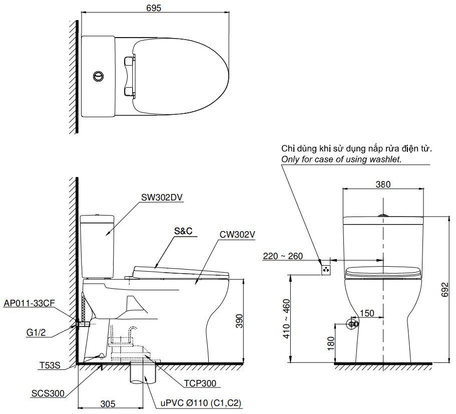 Bản vẽ kích thước bồn cầu CS302 DT3 TOTO