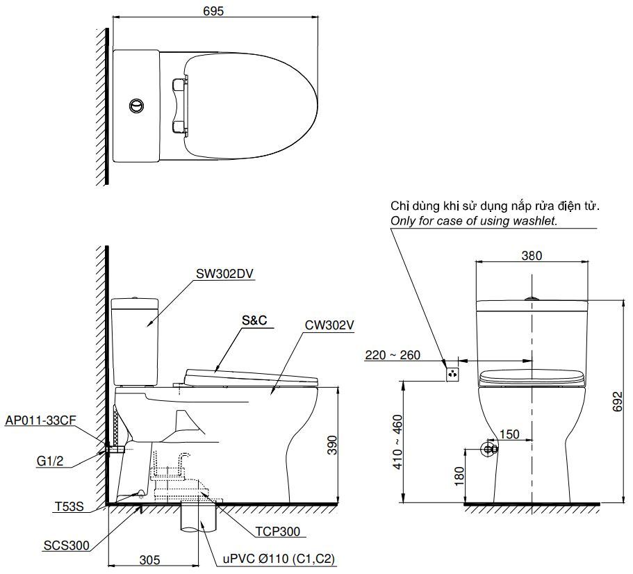 Bản vẽ kích thước bồn cầu điện tử TOTO CS 302DW16