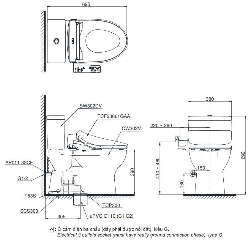 Bản vẽ bồn cầu 2 khối nắp rửa điện tử CS302DW26#W