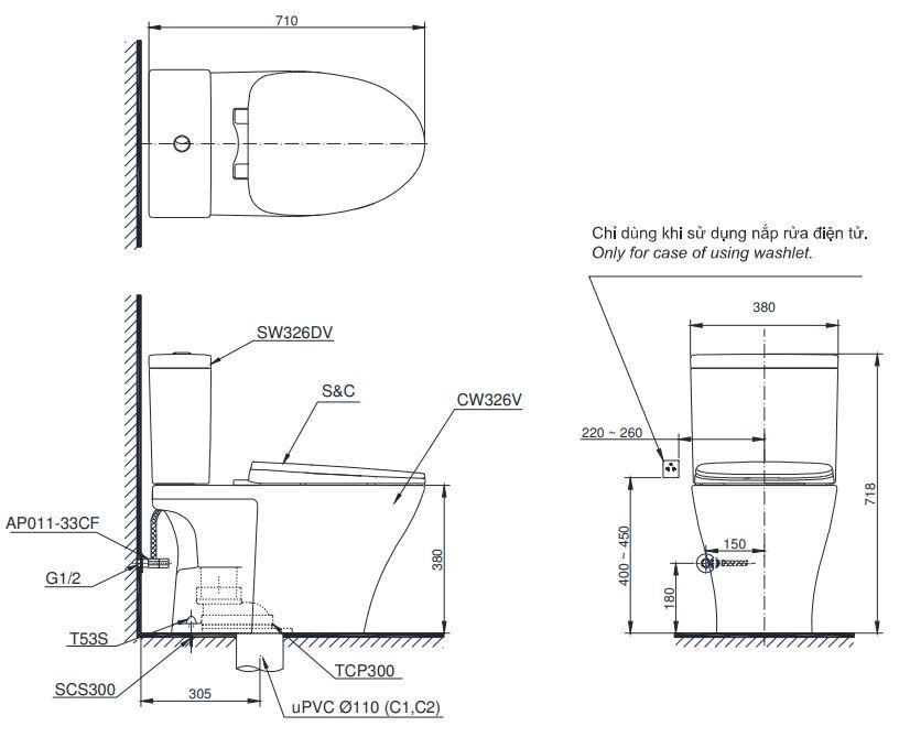 Bản vẽ kích thước bồn cầu điện tử TOTO CS 326DW16