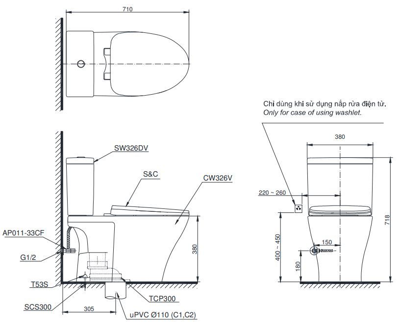 Bản vẽ kích thước bồn cầu điện tử TOTO CS 326DW16