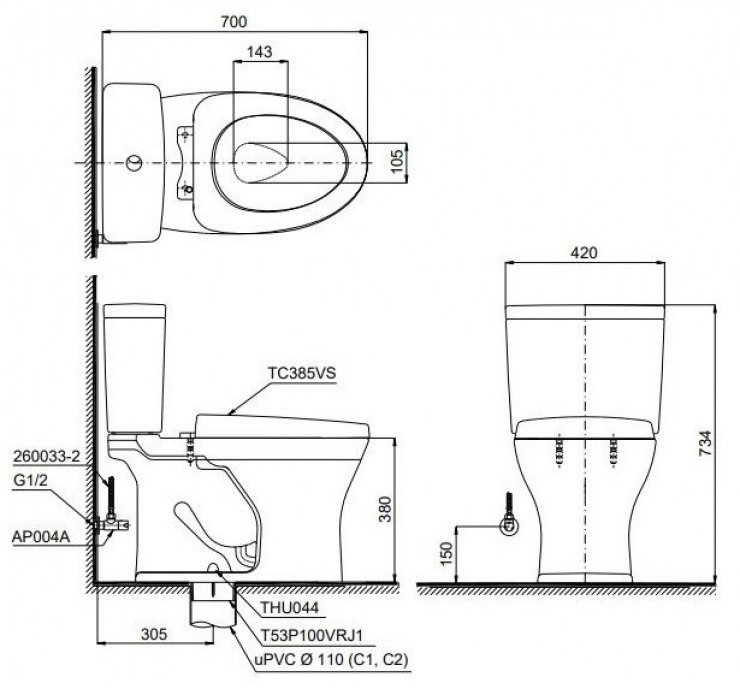 Bản vẽ xí bệt Toto nắp êm TC395VS