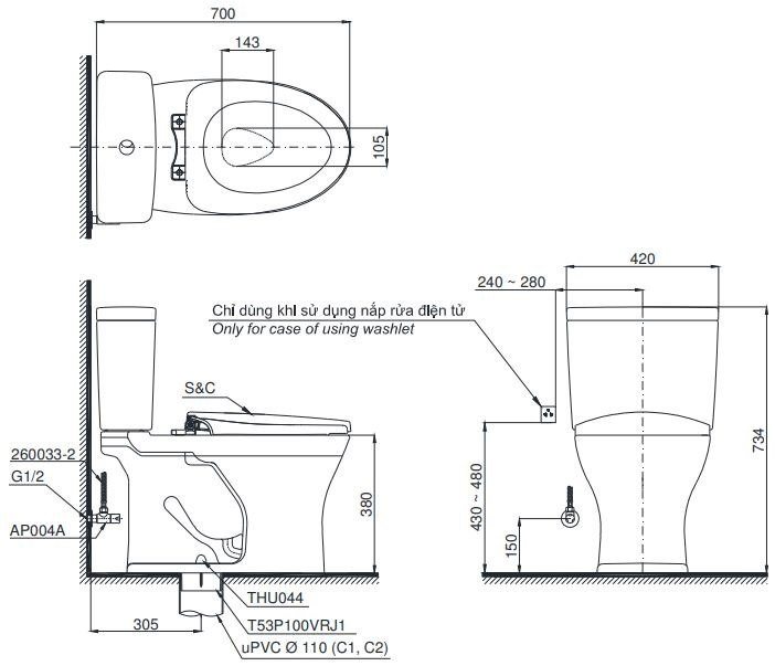 Bản vẽ bồn cầu nắp điện tử TOTO CS 735DW11