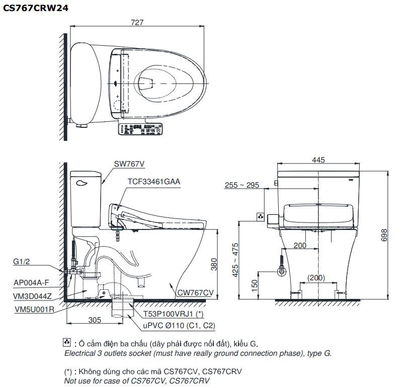 Bản vẽ kích thước bồn cầu CS767CRW24