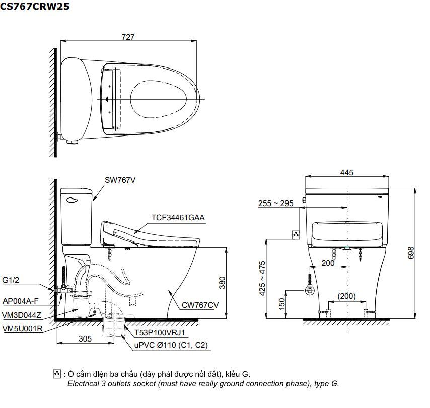 Bản vẽ kích thước bồn cầu CS767CRW25