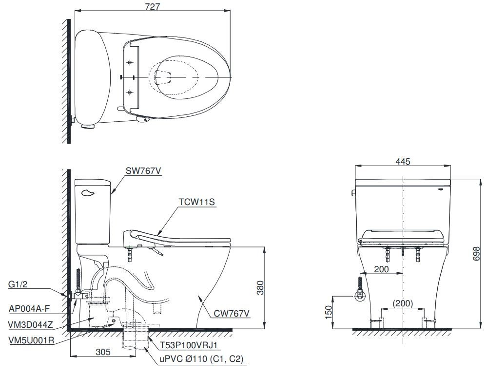 Bản vẽ bồn cầu CS767 RE6 TOTO nắp rửa cơ