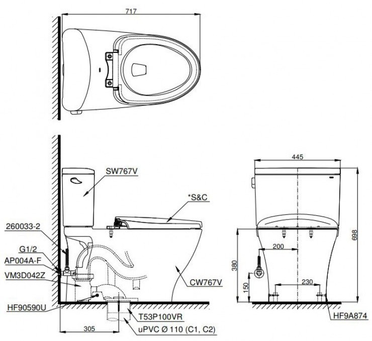 Bản vẽ kích thước bồn cầu 2 khối TOTO CS767T10