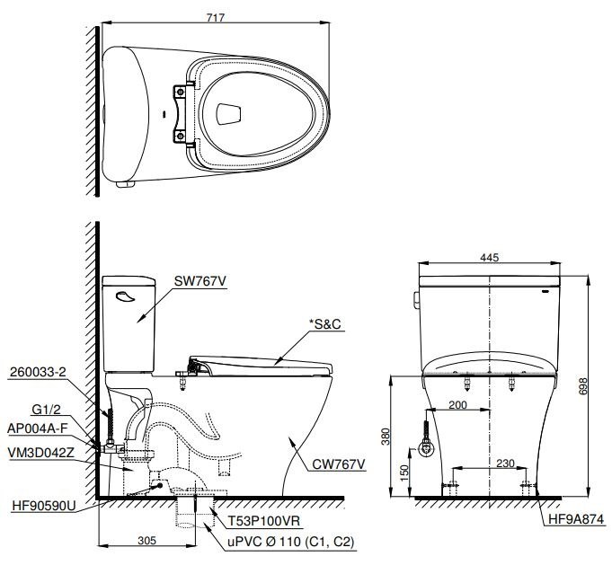 Bản vẽ kích thước bồn cầu TOTO CS767RW14