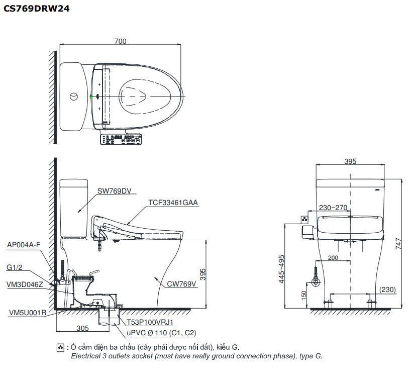 Bản vẽ kích thước bồn cầu CS769DRW24