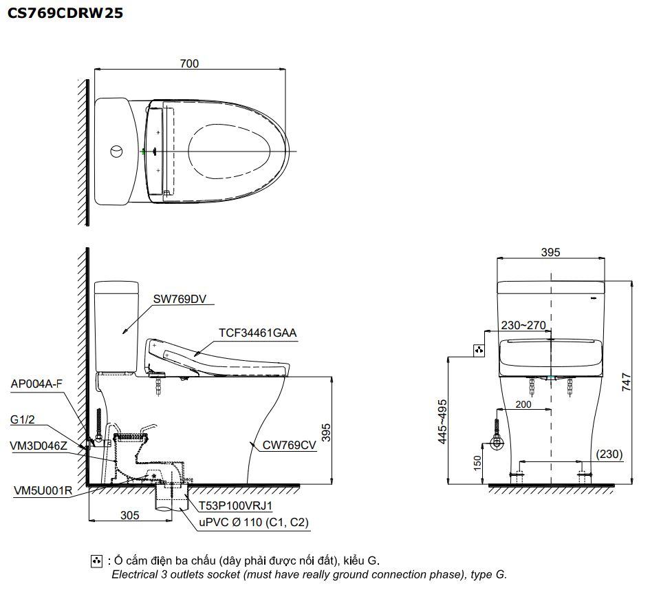 Bản vẽ kích thước bồn cầu CS769CDW25