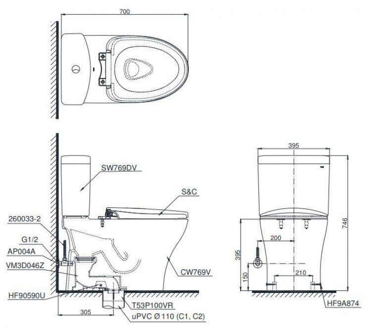 Bản vẽ kích thước bồn cầu TOTO CS769DRW14