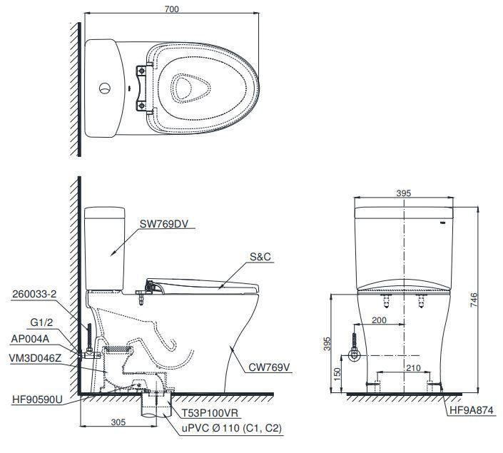 Bản vẽ kích thước bồn cầu CS769DR TOTO nắp điện tử TCF23410AAA