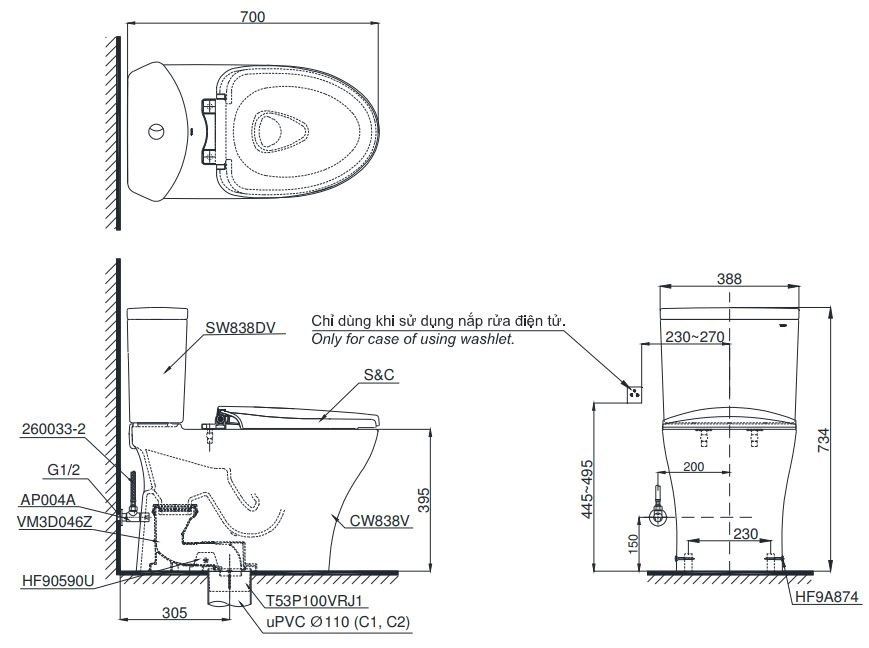 Bản vẽ kích thước bồn cầu Washlet CS838CDW15 TOTO