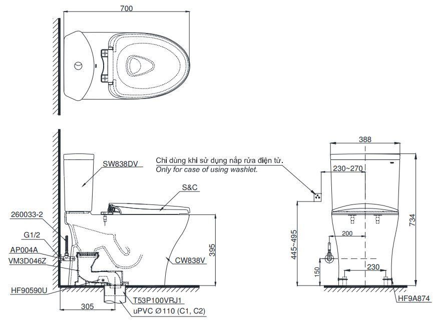 Bản vẽ kích thước bồn cầu TOTO CS838CDW17