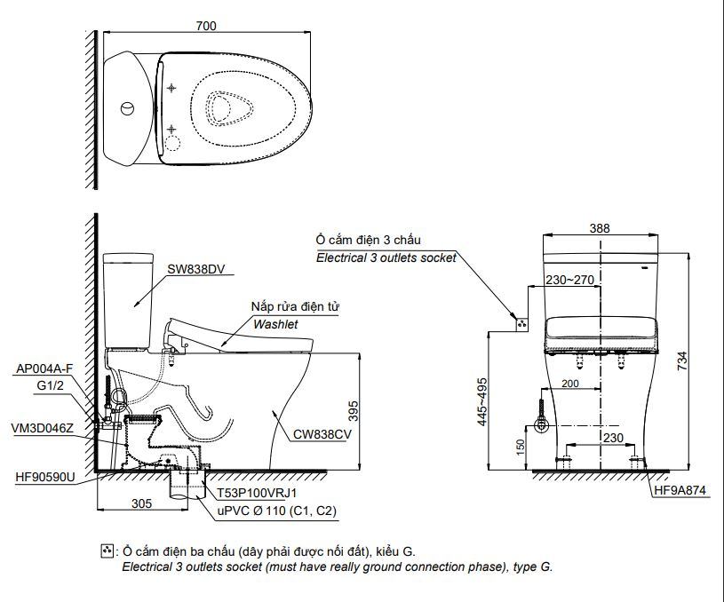 Bản vẽ kích thước bồn cầu CS838CDW24