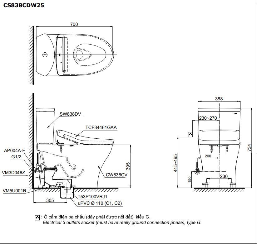 Bản vẽ kích thước bồn cầu CS838CDW25