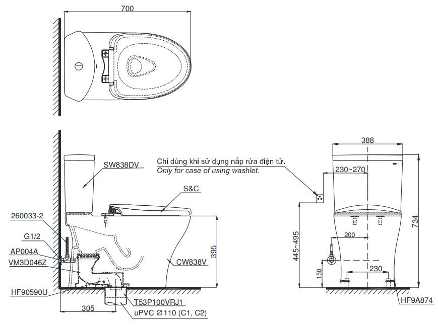 Bản vẽ kích thước bồn cầu CS838 TOTO nắp điện tử TCF23410AAA